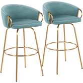 Claire 30" Bar Stool in Light Blue Velvet, Gold & Gold Footrest (Set of 2)